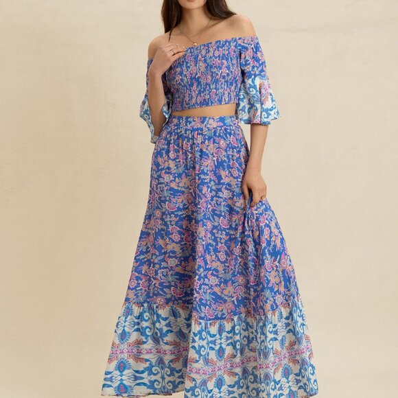 Smocked Off-Shoulder Printed Top and Skirt Set - Picture 1 of 10